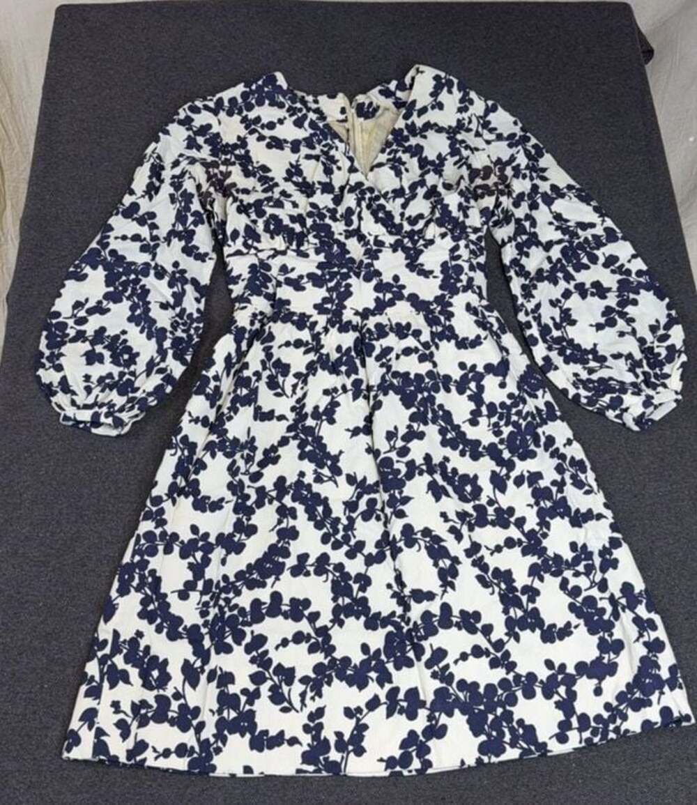 Vintage Handmade White and Navy Blue Floral Print Long Sleeve Dress